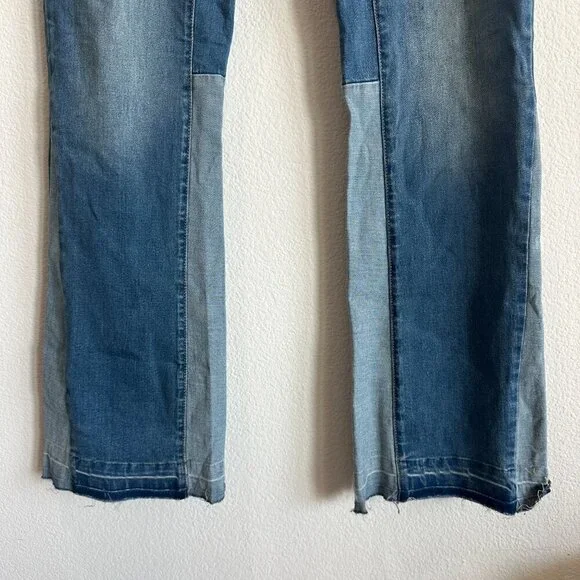 Blue Denim Patchwork Stretch Jeans Slim Fit Flared Pants - Picture 4 of 7